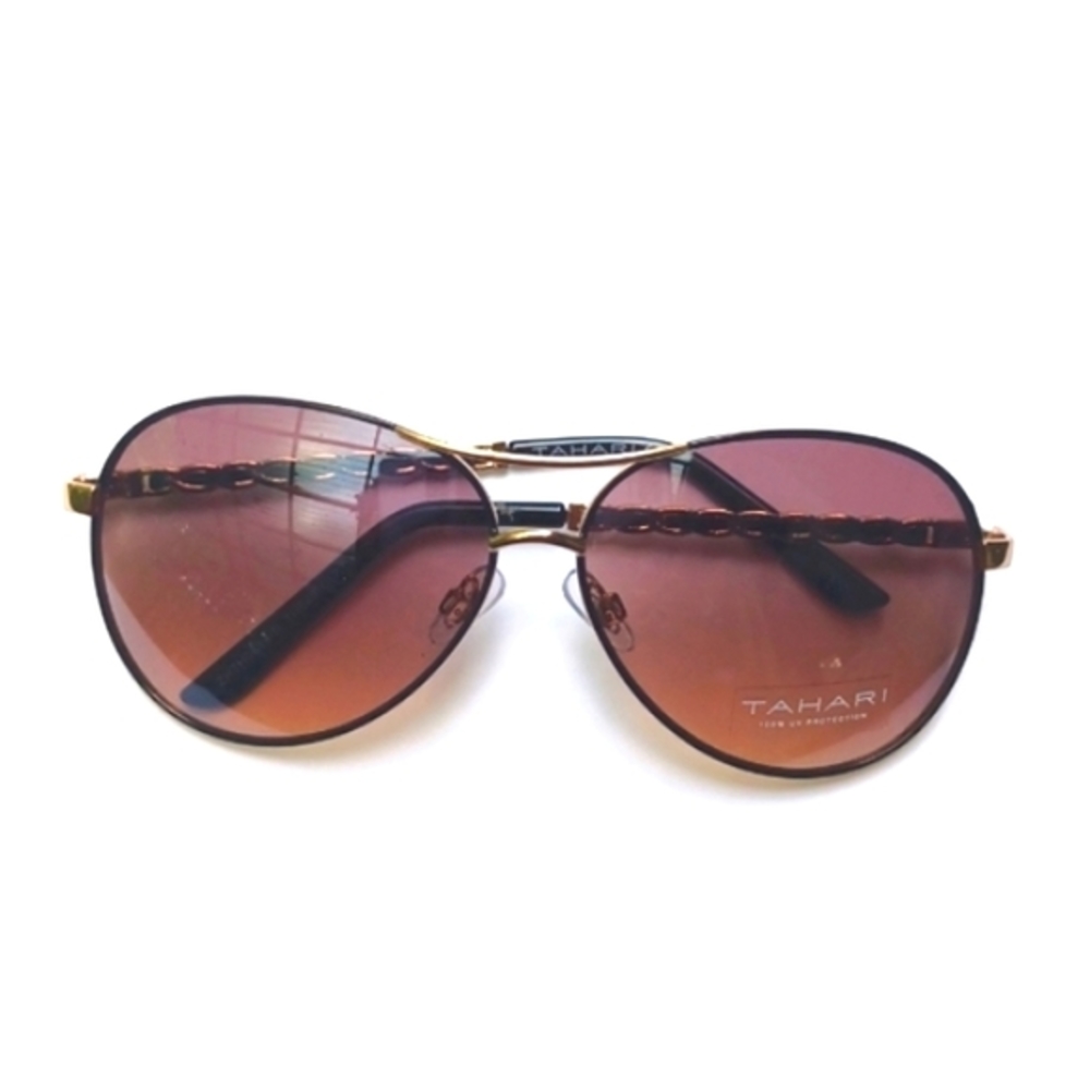 TAHARI GOLD TONE METAL CHAIN+BLACK BRAIDED PLASTIC AVIATOR SUNGLASSES TH…